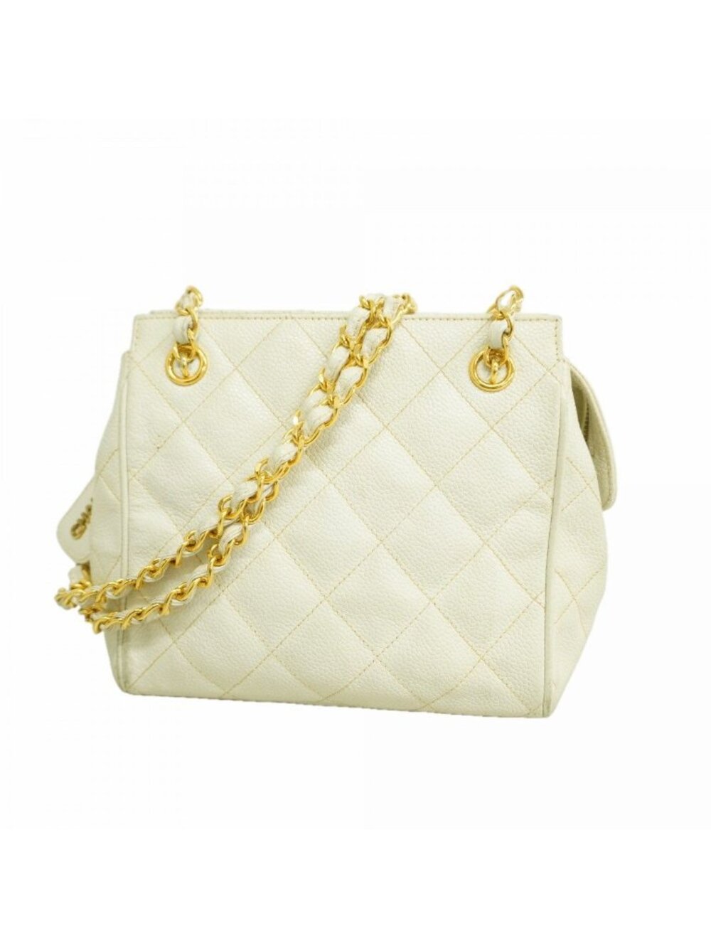 Chanel Shoulder Bag Quilted Caviar Leather White Gold